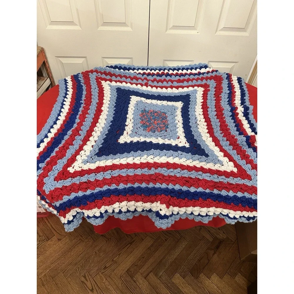 Crocheted Blanket Afghan Red White And Blue Square Pattern Xl